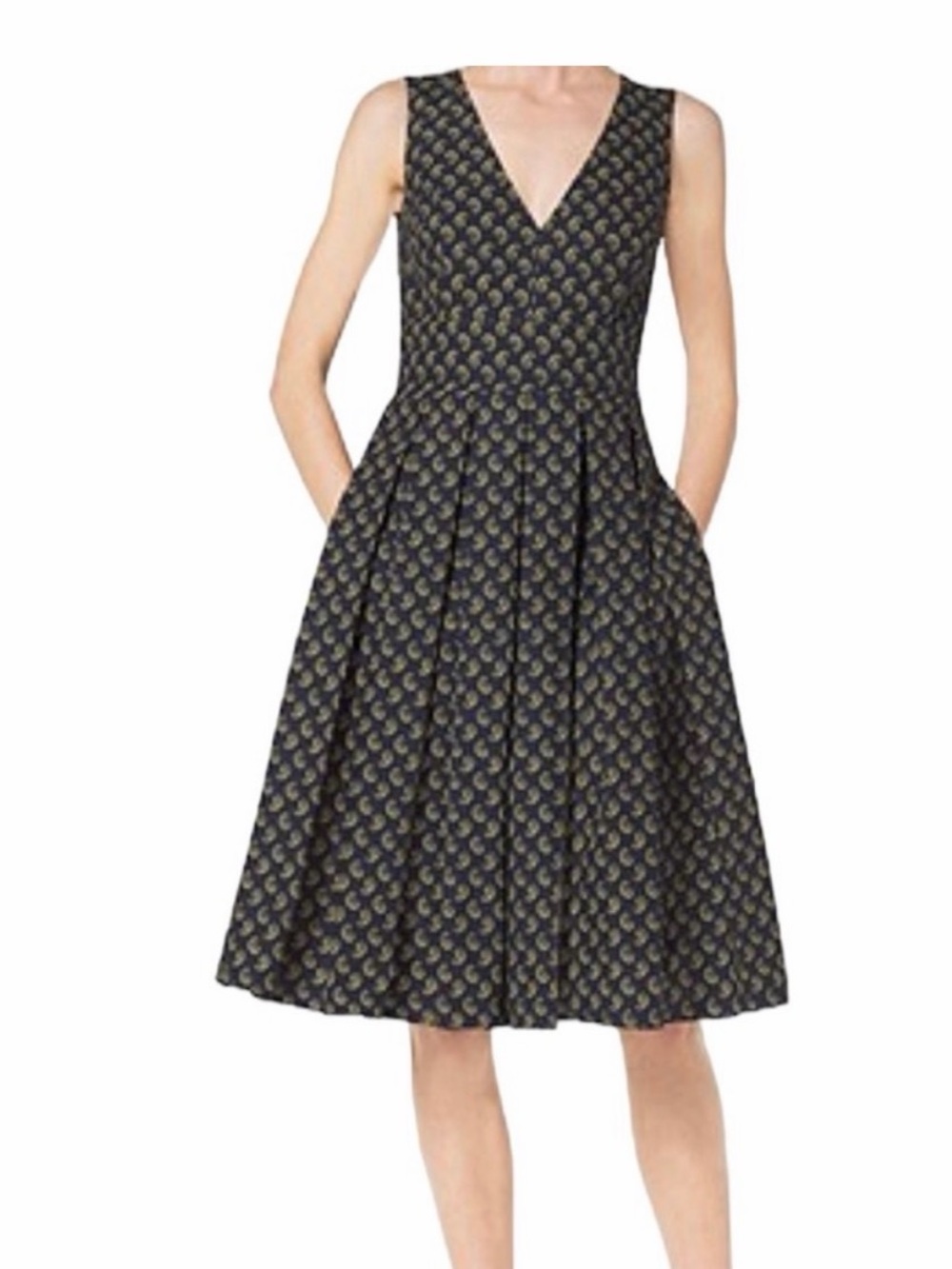 Michael Kors Collection Navy and Gold Pleated V‑Neck Midi Dress